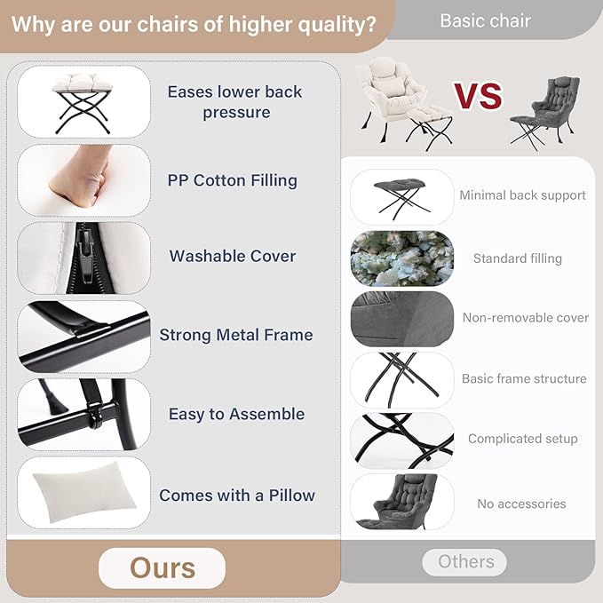 Lazy Chair with Ottoman, Comfy Fabric Accent Lounge Arm Chair with Lumbar Pillow and Folding Footrest, Reading Leisure Sofa Chair for Bedroom, Living Room, Dorm,Beige