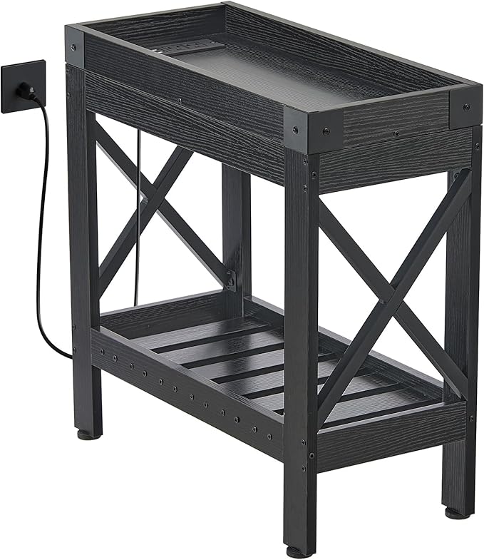Narrow Side Table, Slim End Table with Charging Station for Small Spaces, with 2 USB and 2 Power Outlets, 21.7" L x 10" W x 21.7" H