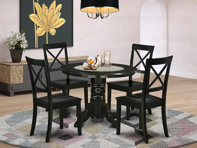 East West Furniture SHBO5-BLK-W 5 Piece Dining Set Includes a Round Kitchen Table with Pedestal and 4 Dining Chairs, 42x42 Inch, Black