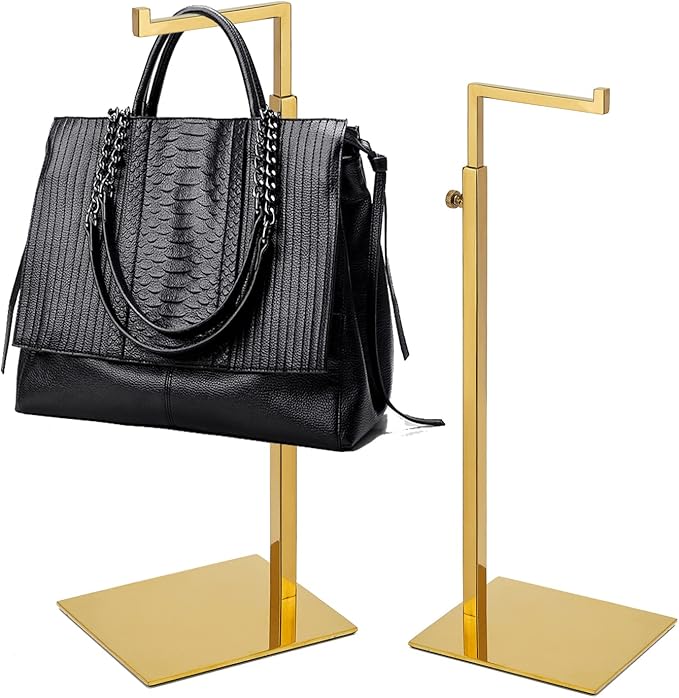 Gold Purse Display Stand, 2 Pack Handbag Display Stand Adjustable Height Stainless Steel Stability Non-slip Base, Large Bags Display Rack Luxury Purse Holder for Table Retail Closet