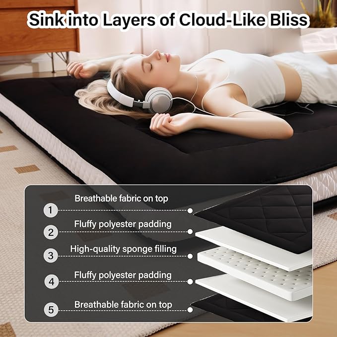 Welnow Japanese Futon Floor Mattress, Thick Queen Size Tatami Mat Portable & Foldable Roll Up Floor Bed Mattress with Storage Bag, Sleeping Pad for Adults, Dorm, Guest Bed, Camping and Travel, Black
