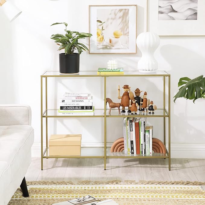 VASAGLE 39.4 Inch Console Table with 3 Shelves, Sofa Tables, Modern Entryway Table, Metal Frame, Tempered Glass Shelf, Entryway Living Room Bedroom, Metallic Gold and Transparent ULGT27G