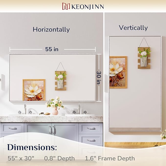 Keonjinn 55 x 30 in Brushed Silver Bathroom Vanity Mirror, Large Silver Framed Mirror for Over Sink, Metal Framed, Rectangle Square Corner, Modern Farmhouse Decorative(Horizontal/Vertical)
