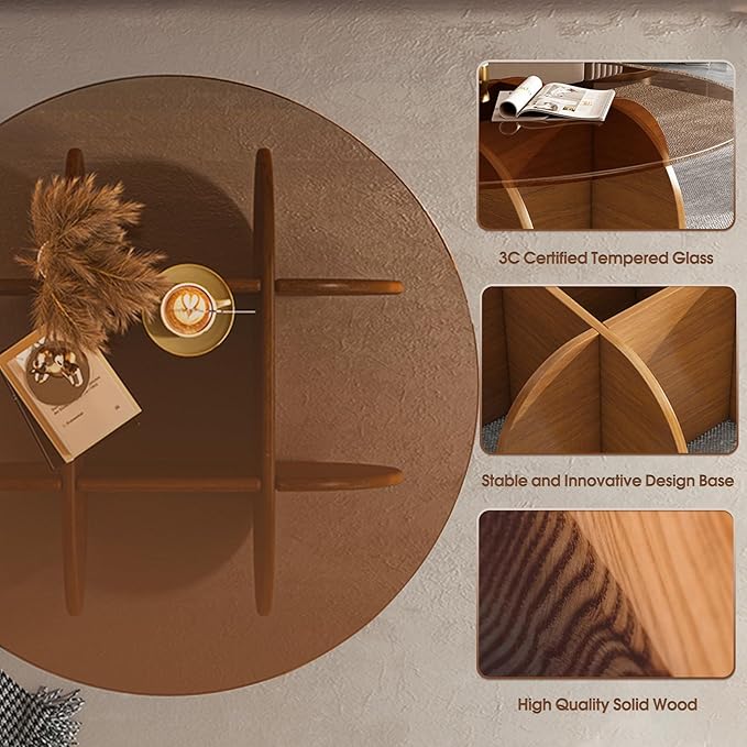 Modern Round Coffee Table with Solid Wood Legs, 31.5'' Glass Coffee Tables for Living Room Rustic Circle Center Cocktail Table with Tempered Glass-Top, Unique Accent Table for Small Spaces