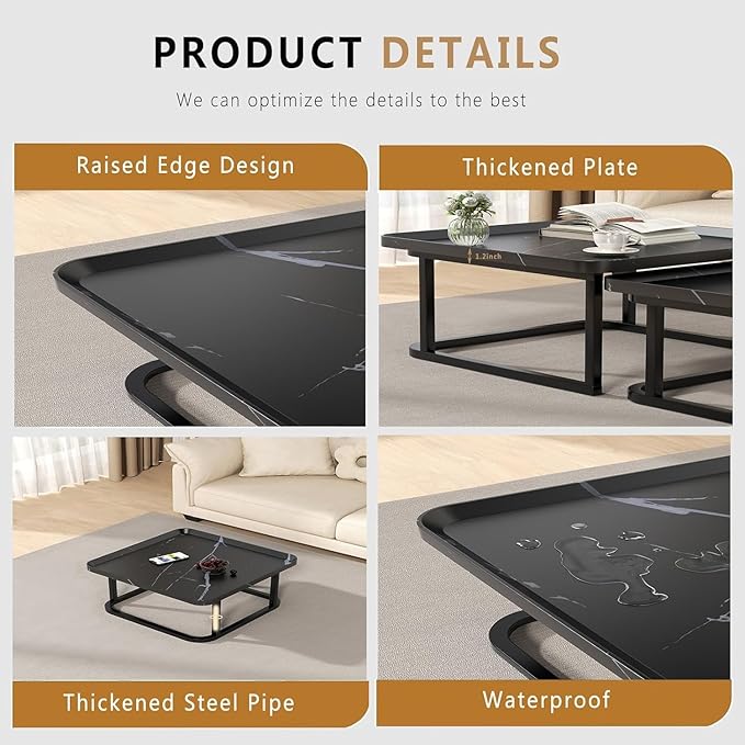Square Nesting Coffee Table Set of 2, 23.6"+19.7" Nesting Tables,Small Square Coffee Table with Fluted,Center Table for Living Room Bedroom Office Balcony Yard (Black)