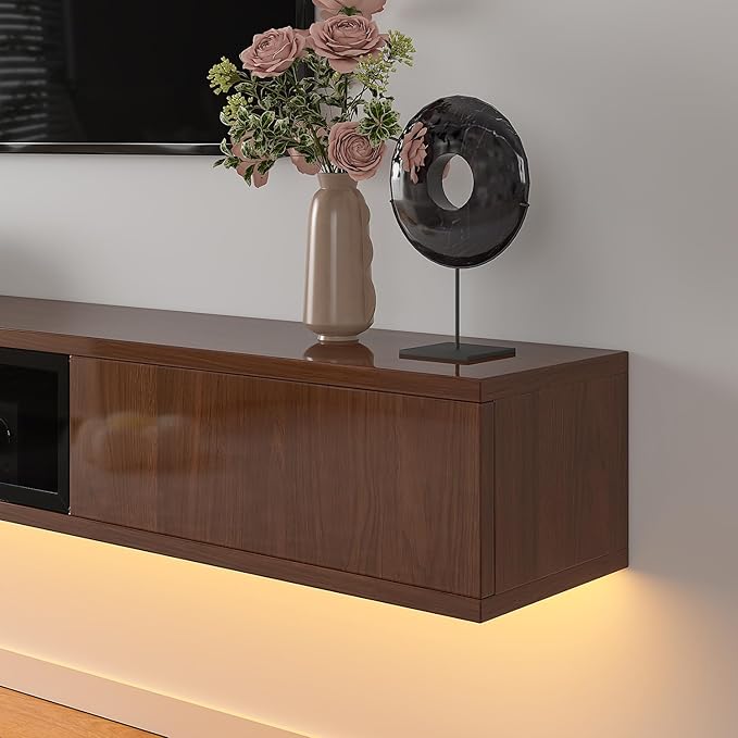 High Gloss Floating TV Stand,78'' Wall Mounted TV Console,Under TV Floating Shelf,Floating TV Cabinet with 3 Doors for Bedroom Living Room(Walnut)