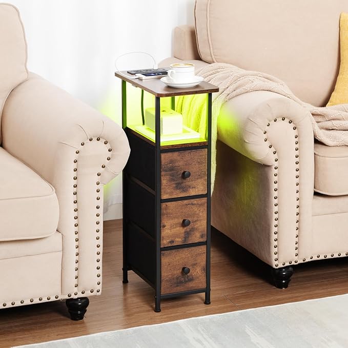 Narrow End Table Living Room with Charging Station, Skinny Side Table with Fabric Drawers, Slim LED Nightstand for Bedroom, Small Spaces, Couch, Brown, HETNDP03LBR-1