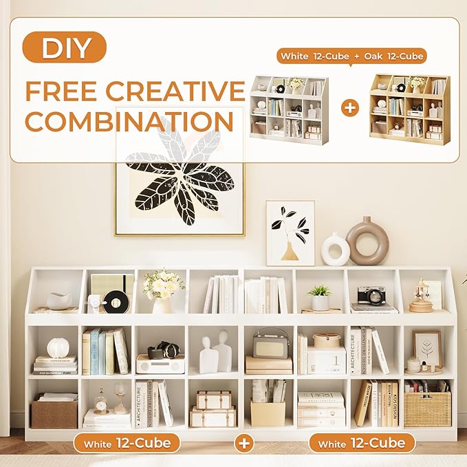 12-Cube Wooden Storage Bookcase - 11-Inch Open Shelf Cabinet, Simple Modern Bookshelf Organizer for Home Office, Living Room, White
