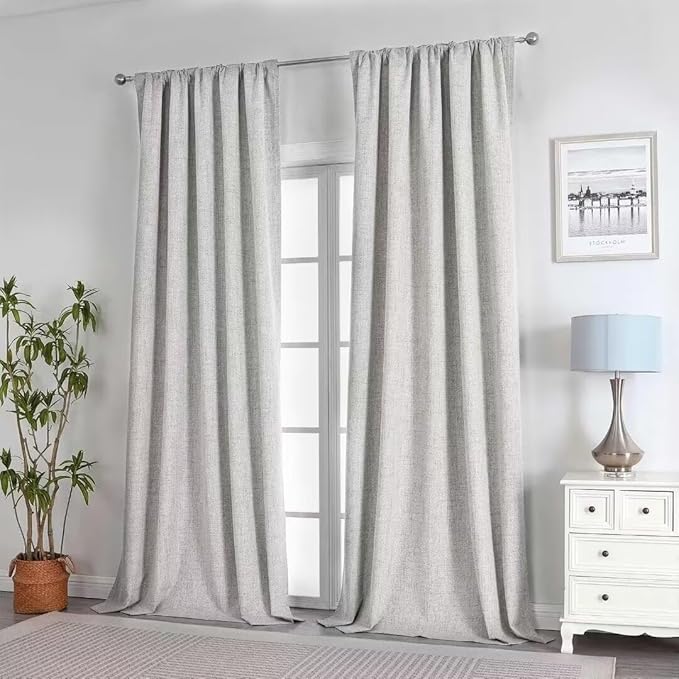 Joydeco Natural Linen Curtains 96 inch Length 2 Panels Set Burg 100% Blackout Patio Door Curtain Room Darkening Sliding Door Curtains Thermal Insulated Back tab Rod Pocket(105x96 inch, White)