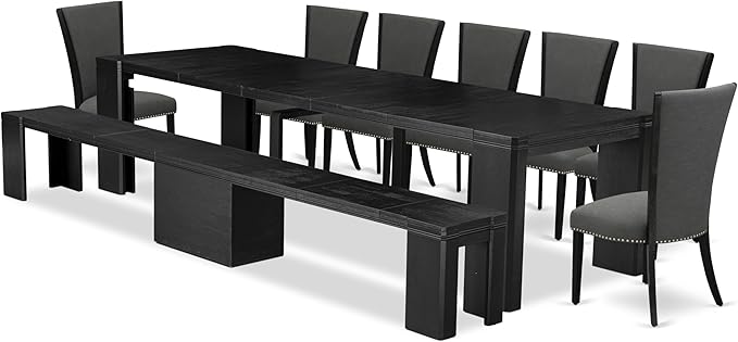 X07VE-B06-50 - 9-Pc Dining Room Table Set a Rectangular Dining Table and wooden Benches and 7 Dark Gotham Grey Linen Fabric Dining Chair, 39x120 Inch, Wire Brushed Black