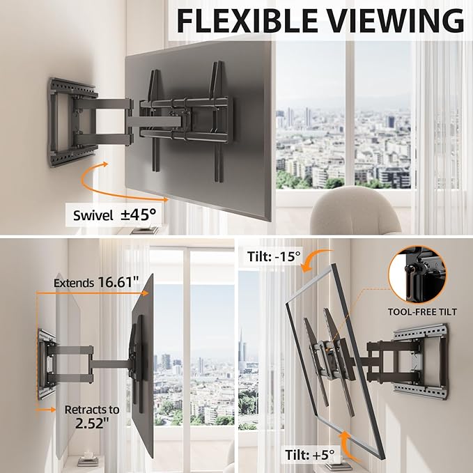 Full Motion 75 85 86 90'' TV Wall Mount Bracket, Loads 150 lbs Heavy Duty TV Mount, Swivel Tilt Extension Level, Complete Metal Bars & Wall Plate, up to 600x400mm VESA & 24'' Wood Studs