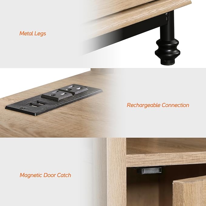 WAMPAT Set of 2 End Tables with Charging Station, Sofa Side Tables with Storage Cabinet for Living Room, Light Wood Bedside Table with Metal Leg, Nightstand for Bedroom, Oak