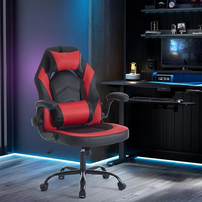 OLIXIS Computer Gaming Desk Chair - Ergonomic Video Game with Comfy Lumbar Support and headrest, PU Leather with Flip-up Arms, Adjustable Height and Swivel Wheels, for Adults, Red