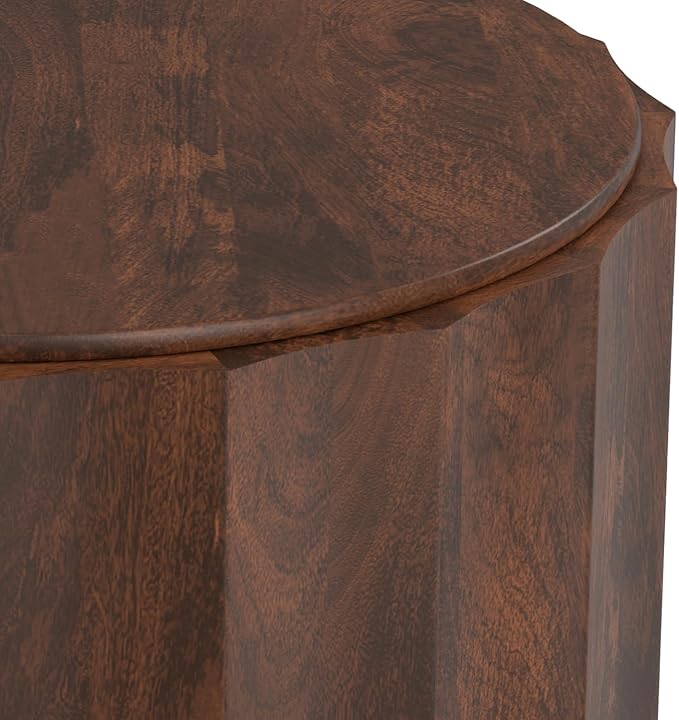 SIMPLIHOME Trenton Coffee Table - 32 inch Wide Solid Mango Wood Round Living Room Table in Walnut Brown, Contemporary Sculpted Drum Center Table for Family Room with Scalloped Edge, Assembled