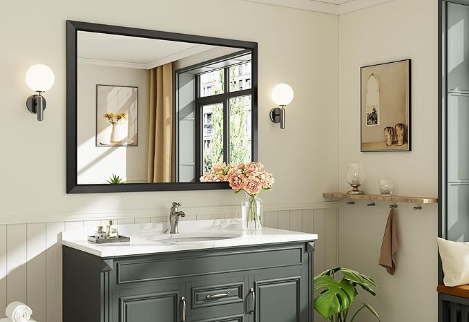 48x36 Inch Black Bathroom Mirror for Wall, Thick Metal Framed Rectangle Mirrors for Over Sink, Bedroom, Living Room, Entryway, Anti-Rust, HD Tempered Glass