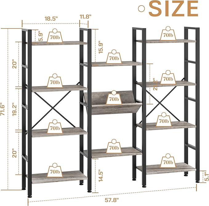 Shintenchi Industrial Bookcase,71.6” Triple 4 Tier Bookshelf with 11 Open Display Shelves,Large Etagere Bookshelf Open Record Player Shelves,Wide Book Shelf Book Case for Home & Office, Grey
