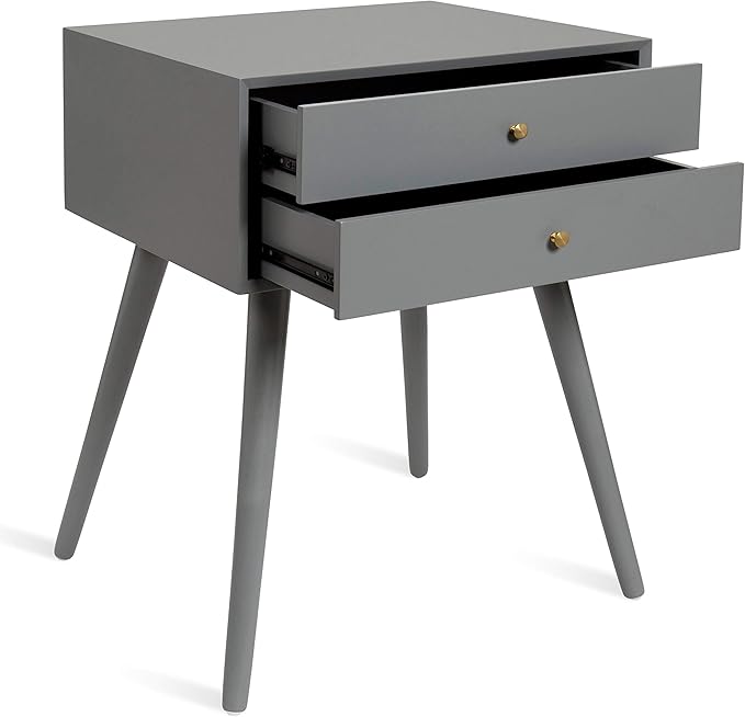 Kate and Laurel Finco Midcentury Modern Style Side Table with 2 Drawers, Gray Finish with Brass Hardware