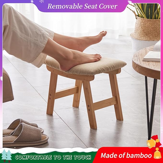 Foot Stool,Ottoman,Bamboo Small Sofa Foot Rest Under Desk,Extra Seating for Living Room, Bedroom and Kitchen (Natural Stool Legs - Beige Surface)