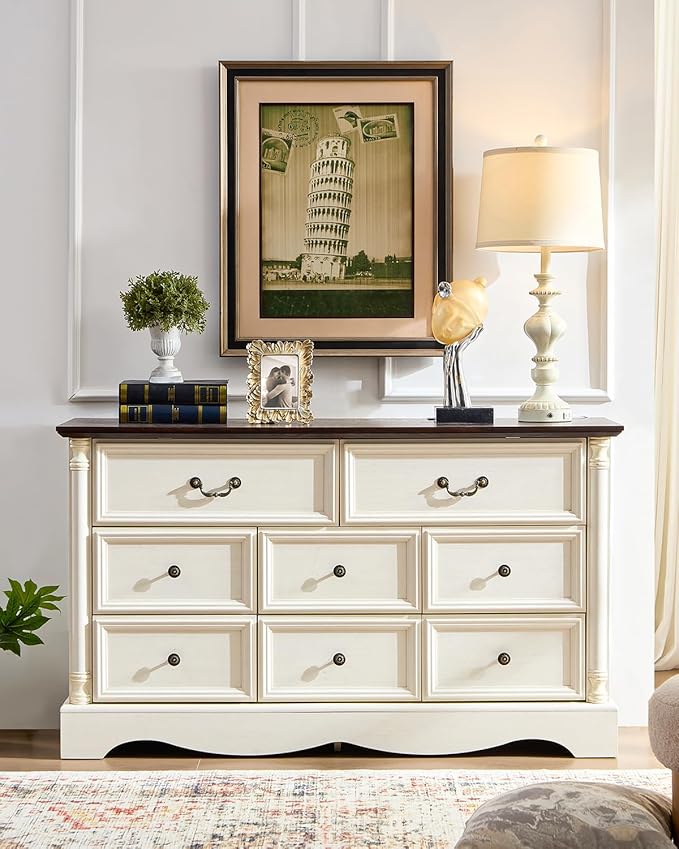 Farmhouse 8 Drawers Dresser for Bedroom with Charging Station, 54" Wide Wood Country Rustic Storage Dressers Organizer, Vintage Design Chest of Drawers TV Stand, Antique White