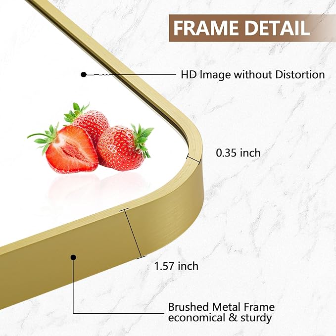 20x30 Inch Gold Mirror, Framed Rectangle Mirror with Rounded Corner, Brushed Brass Mirror, Gold Bathroom Mirror for Over Sink, Vanity, Living Room, Bedroom, Horizontal/Vertical