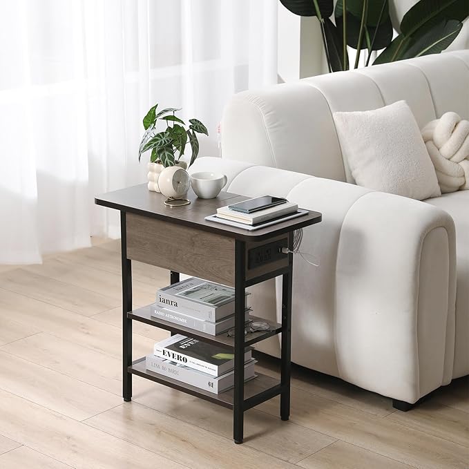 Modern End Table with Charging Station, Narrow Side Table with USB Ports & Outlets, Flip-Top Nightstand with Storage Shelf, Small Bedside Table for Living Room, Bedroom, Small Space, Charcoal Gray