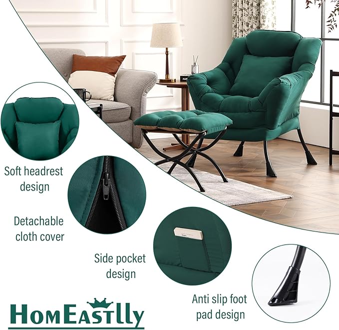 Lazy Chair with Ottoman, Modern Lounge Armchair with a Pillow, Leisure Sofa Armchair Set, Reading Chair with Footrest for Living Room, Bedroom, Office, Dorm Room, Peach Green