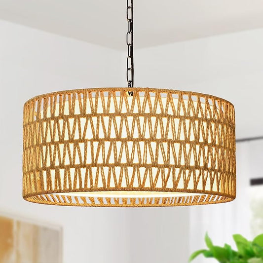 Farmhouse Chandeliers for Dining Room, Hand Woven 5-Light Rattan Pendant Light, Boho Rattan Chandelier with Linen Shade, Rustic Hanging Lighting for Bedroom and Kitchen Island (Bulb Not Included)