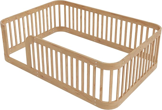 Full Floor Bed with High Fence and Rounded Corner Design, Montessori Floor Bed Frame with Guardrail and Entrance, Easy Assemble Montessori Beds Full Size, Natural