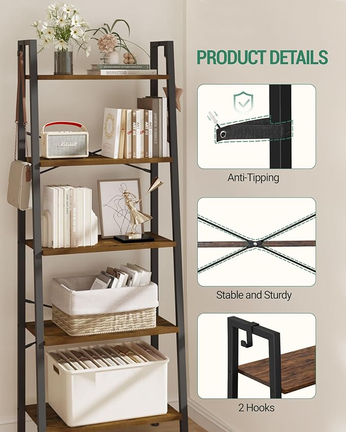 Ladder Shelf, Bookshelf Bookcase, Freestanding Corner Storage Shelve with 2 Hooks for Home Office, Living Room, Kitchen, Bedroom, Industrial, 5-Tier Rustic Brown BC19301B