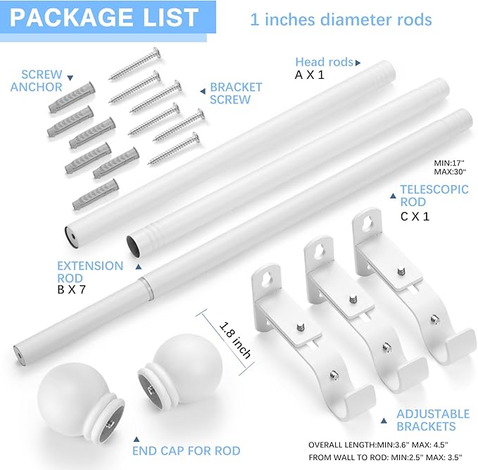 Curtain Rods for Windows 16 to 136 Inches, Curtain Rod Max Adjustable Length of 144 IN, 1" Diameter Drapery Rods Round Finials, White, Pack of 1