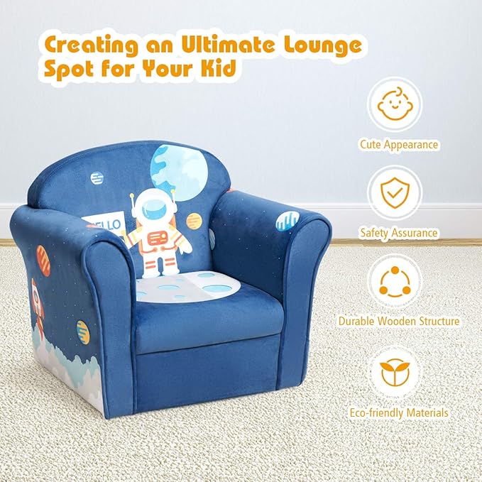 Costzon Kids Couch, Children's Sofa Armrest Chair with Pattern, Toddler Furniture w/Sturdy Wood Construction, Preschool, Lightweight Children Couch Sofa Chair for Aged 1-5 Boys & Girls Gifts, Spaceman