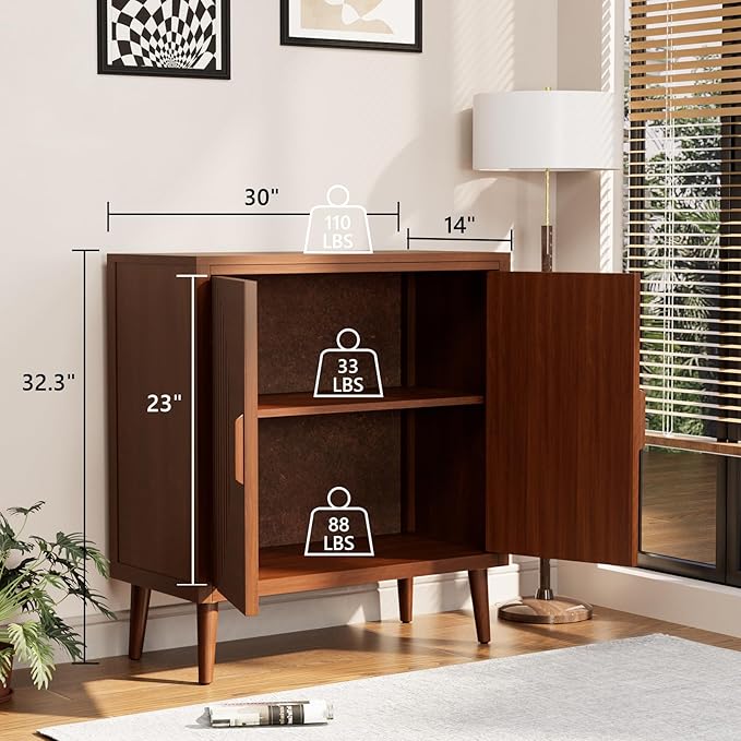 COSIEST Set of 2 30" Storage Sideboards with Doors, Accent Cabinets with Magnetic Push-to-Open Doors, Brown Line Pattern, Entryway Console for Living Room, Kitchen, Hallway