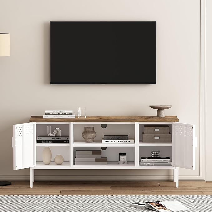 Manhattan Comfort Landen 47" Modern Metal TV Stand with Storage Cabinets & Open Shelves, Holds Up to 40" Screen, TV Console with Natural Wood Top, Cable Management, Adjustable Legs, White