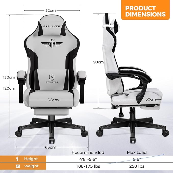 GTPLAYER Gaming Chair Fabric with Footrest, Big and Tall Game Chair High Back Computer Office Chair with Lumbar Support for Adults, Ergonomic Swivel Games Chair with Cushion Gaming Grey