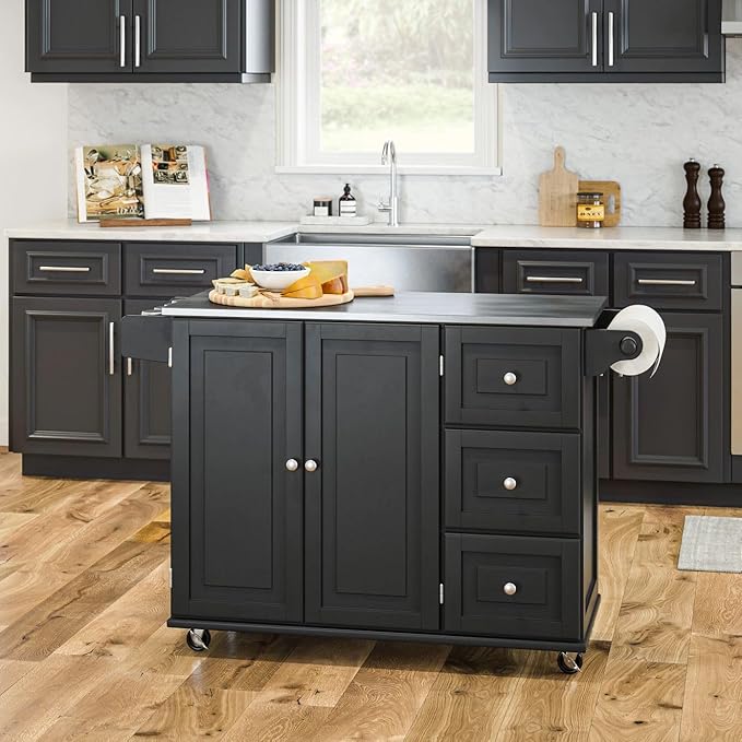 Homestyles Dolly Madison Black Mobile Kitchen Island Cart with Stainless Steel Top