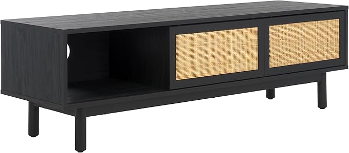 SAFAVIEH Aino TV Stand for up to 60" Flatscreen – Black, 2 Sliding Doors with Interior Storage, 1 Open Shelf, Entertainment Media Console (MED9619B)