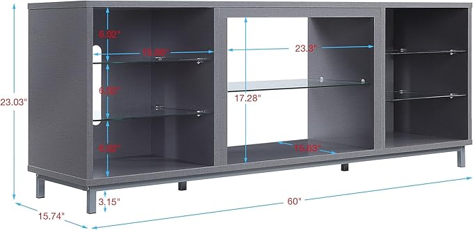 Manhattan Comfort Brighton 60" TV 7 Shelves, Tempered Glass Dividers and Media Wire Management, Modern Free-Standing Entertainment Center for Living Room, Fits up to 56" Television, OneSize, Grey
