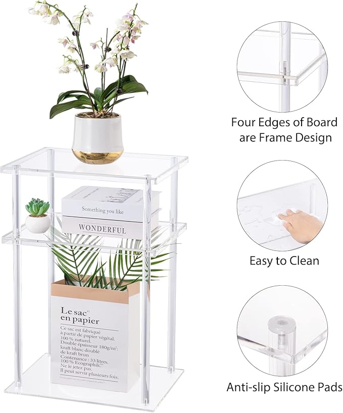 HMYHUM Clear Acrylic Side Table, 3-Tier End Table for Living Room, Small Bedside Table/Nightstand for Bedroom, Home Accent Table, Frame Design, 15.7" L x 11.8" W x 23.2" H