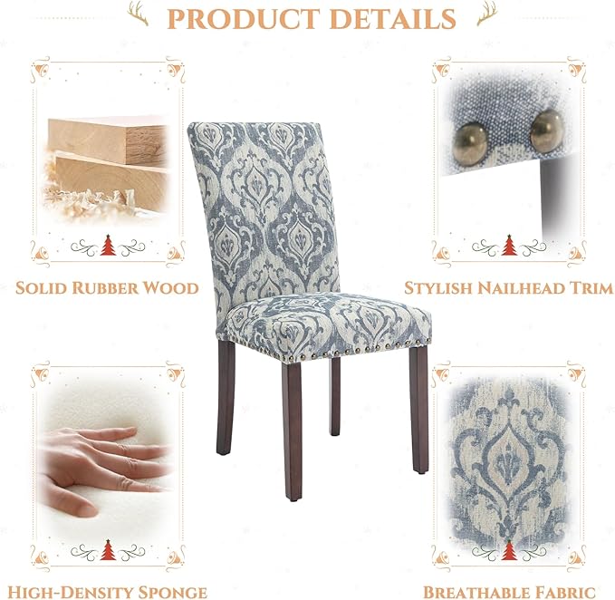 Parsons Dining Chairs Set of 4, Upholstered Nailhead Dining Room Kitchen Side Chair with Thick Cushions and Wood Legs, White/Blue