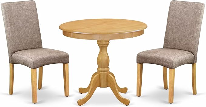 East West Furniture AMDR3-OAK-16 3 Piece Dining Room Table Set Contains a Round Kitchen Table with Pedestal and 2 Dark Khaki Linen Fabric Parsons Dining Chairs, 36x36 Inch, Oak