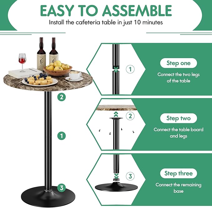 Shahoo Round Bar Table, Cocktail Tables with Metal Base & MDF Top, for Bistro Pub, Cafe, Faux Marble