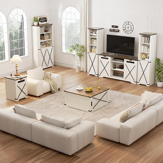 Farmhouse End Table with Charging Station, 26.4" Tall Rustic Nightstand with Drawer and X Barn Door, Antique White Country Bedside Sofa Side Table for Living Room