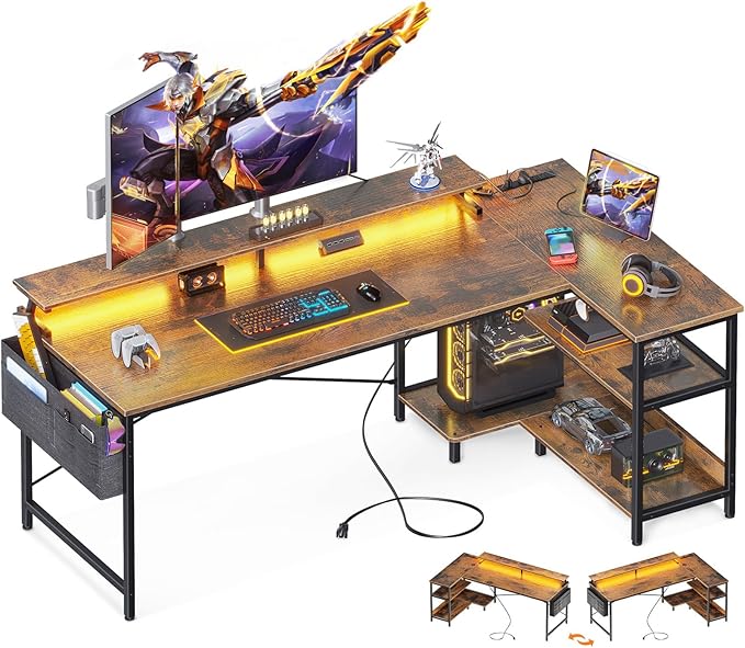 ODK 66 Inch Gaming Desk with USB Charging Ports and LED Lights, Reversible L Shaped Computer Desk with Storage Shelves & Monitor Stand, Home Office Desk Table with Power Outlets, Vintage