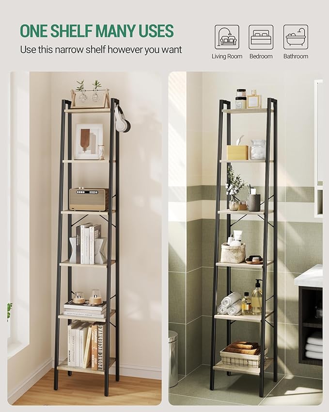 Ladder Shelf, Bookshelf Bookcase, Freestanding Corner Storage Shelve with 2 Hooks for Home Office, Living Room, Kitchen, Bedroom, Industrial, 6-Tier Greige BC13305B