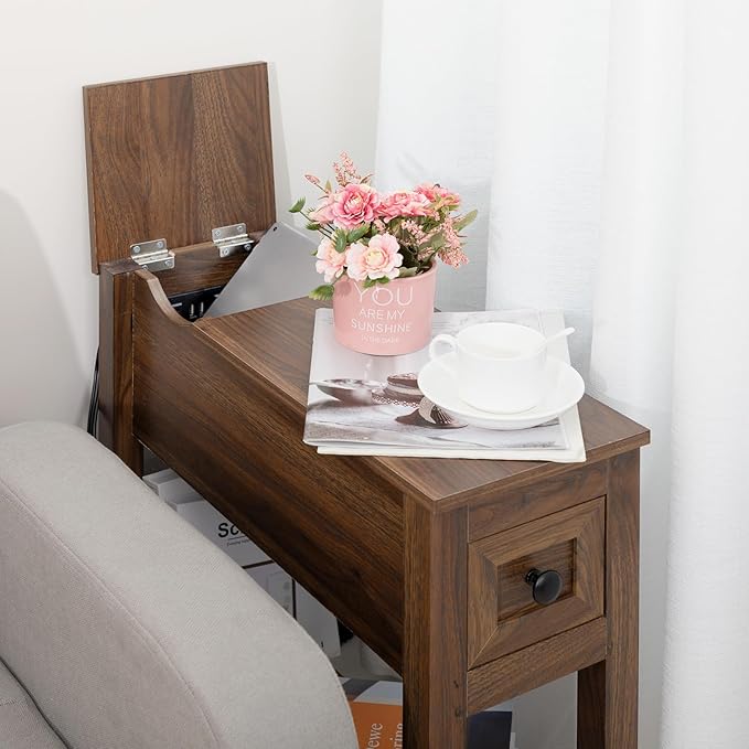End Table with Movable Top and Charging Station, Narrow Side Table with Storage Cabinet and USB, Sofa Table for Living Room Bedroom