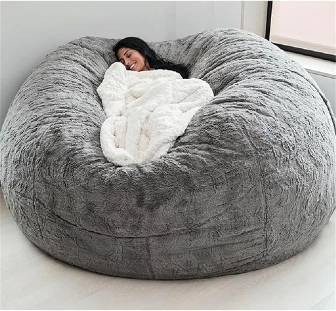 Giant Fur Bean Bag Chair Cover for Kids Adults, (No Filler) Living Room Furniture Big Round Soft Fluffy Faux Fur Beanbag Lazy Sofa Bed Cover (Light Grey, 7FT)