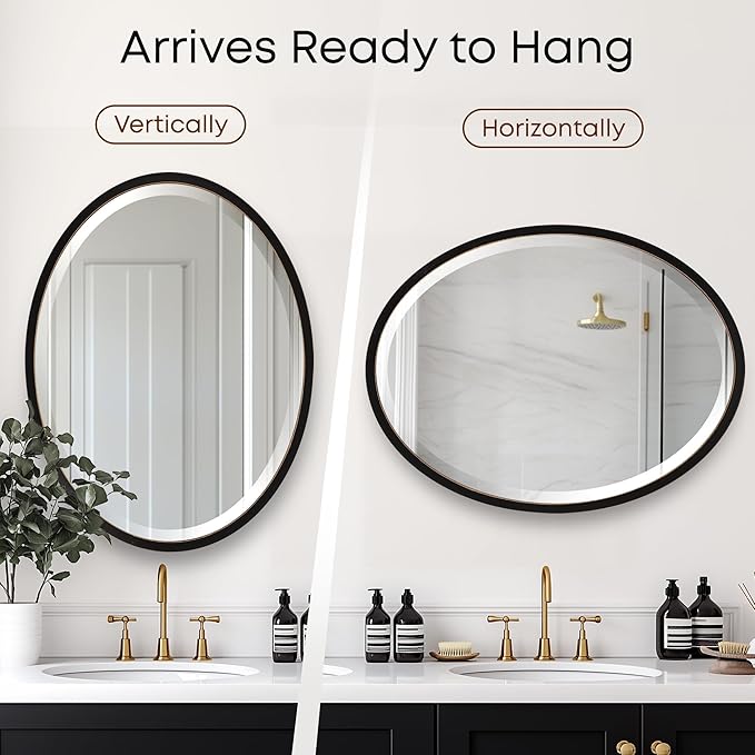 OVALCREST - Oval Wooden Beveled Wall Mirror for Home Decor, Bathroom, Vanity, Bedroom, Living Room, Hallway - London Style (Rubbed Black) 19.1 x 25.1