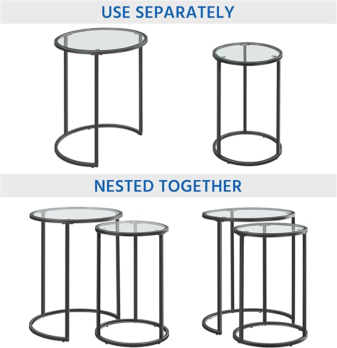 Yaheetech Round Nesting End Table Set of 2,Stacking Side Tables,Coffee Tables Set w/Metal Frame & Glass Top & Protective Foot Pads for Small Space, Living Room, Office- Black