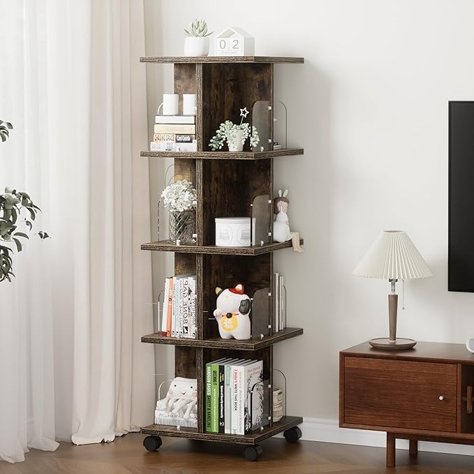 VECELO 4-Tier Rotating Bookshelf, Modern Swivel Bookcase for 360°Display,Stackable Square Book Shelves Floor-Standing Storage for Home Office, Solid Wood, Smooth Spinning, Brown