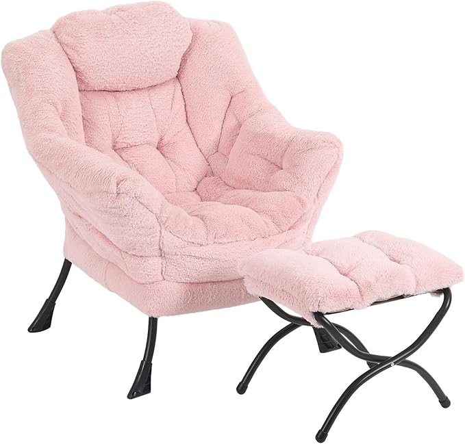 Lazy Chair with Ottoman, Modern Chair with Folding Footrest, Lounge Accent Chair, Comfortable Reading Chair, Oversized Armchairs for Bedroom, Study, Living Room(Plush Pink)